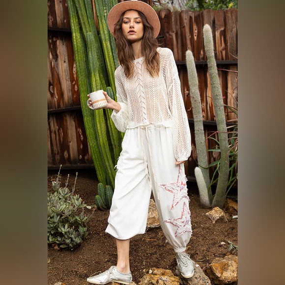 Star pants chambray patchwork cream white joggers - Picture 3 of 5